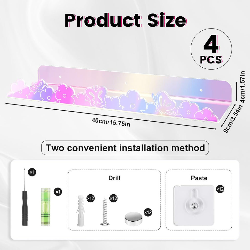 4 Pack Floating Shelves for Wall 15.7" Adhesive Iridescent Acrylic