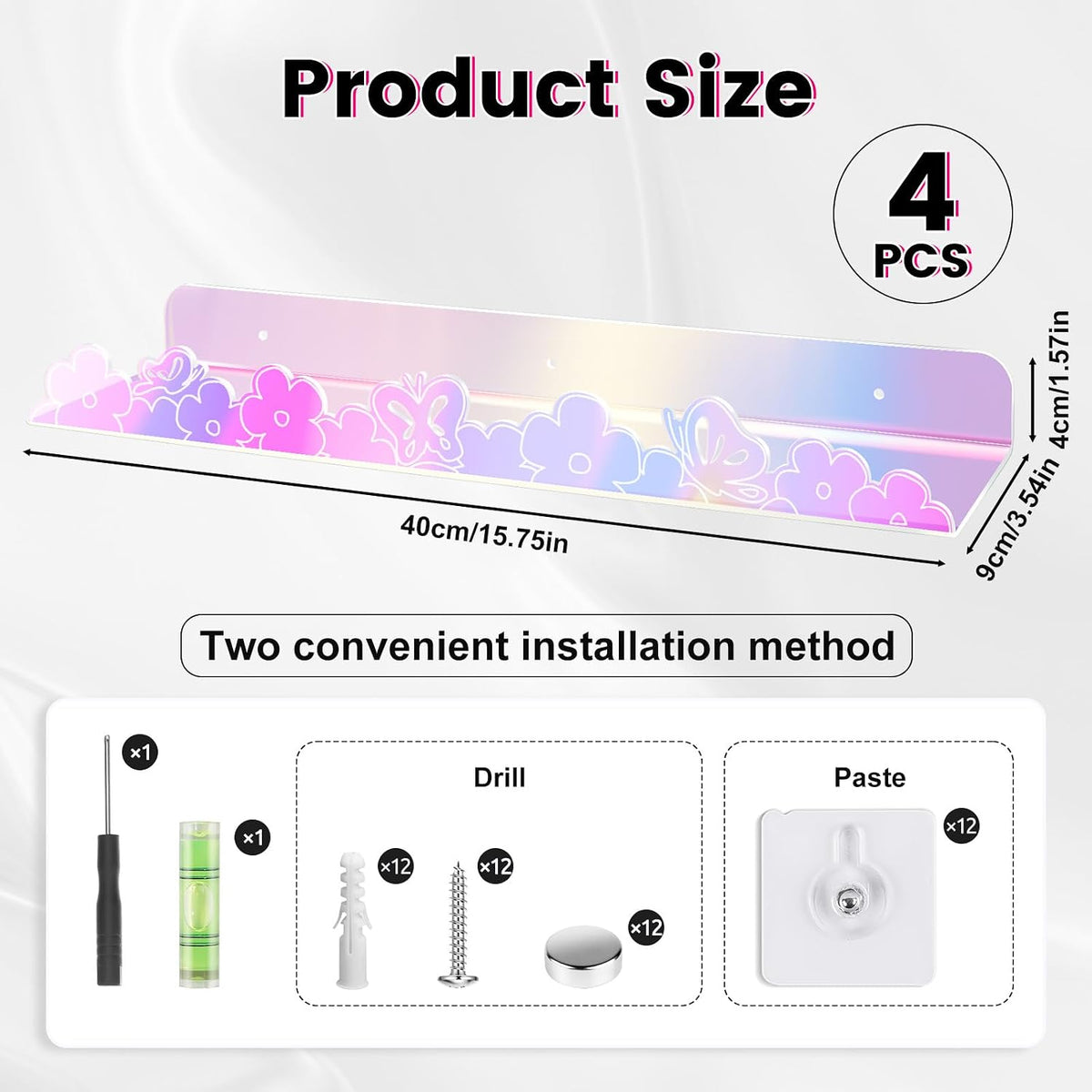 4 Pack Floating Shelves for Wall 15.7" Adhesive Iridescent Acrylic