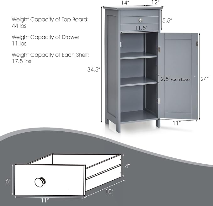 HAPPYGRILL Bathroom Floor Cabinet, Single Door Floor Storage Cabinet Organizer - Image 3