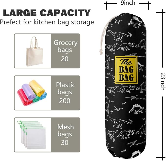HiLus Dinosaur Pattern Grocery Bags Holder, Wall Mount Plastic Bags Storage - Image 2
