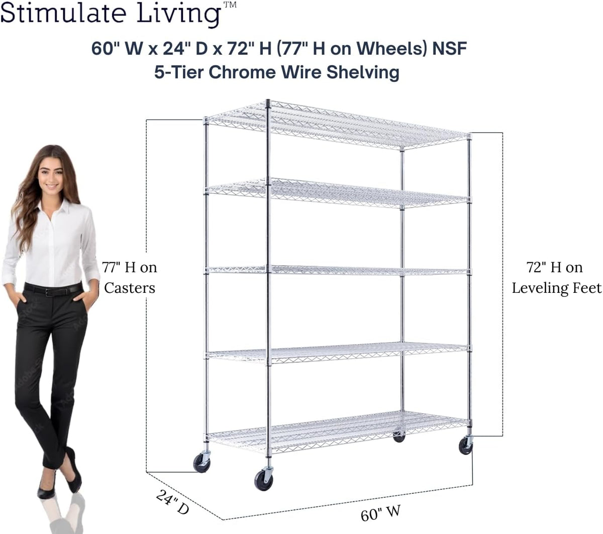 60"x24"x72" Heavy Duty Chrome Wire Shelving Unit, 5-Tier NSF Certified