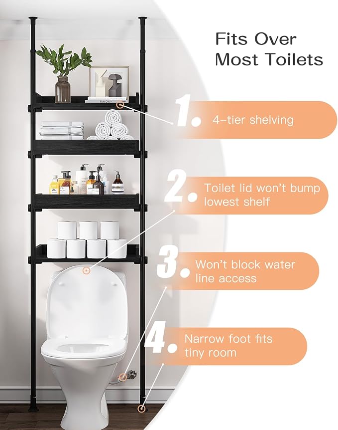 ALLZONE 4 Tier Over The Toilet Storage, Adjustable Wood Over Toilet Bathroom - Image 4