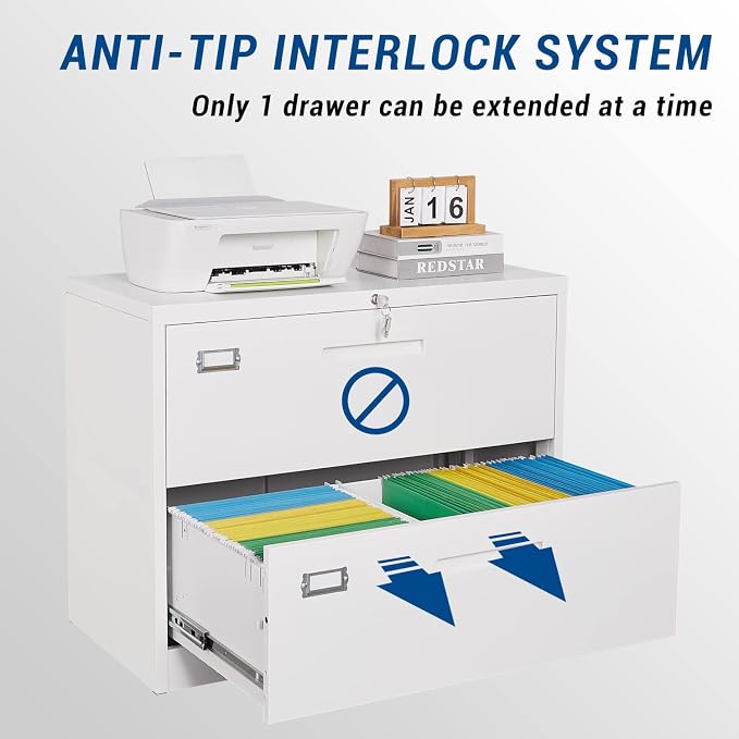 Lateral File Cabinet with Lock, 2 Drawer Large Metal Filing Cabinet, Home - Image 4