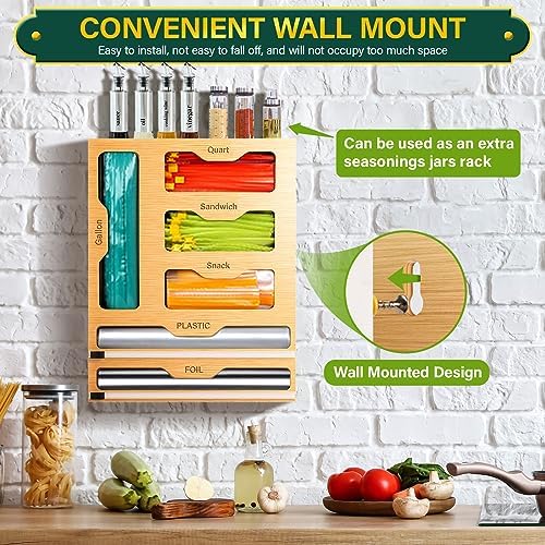 KOCWELL Bag Organizer and Plastic Wrap Dispenser with Cutter, 6 In 1 Bamboo Foil and Plastic Wrap Organizer for Kitchen Drawer, Food Storage Bag Organizer for Gallon,Quart,Sandwich,Snack(Yellow)