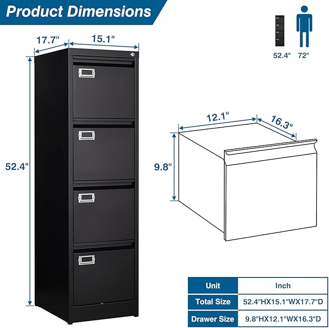4 Drawer File Cabinet, Vertical Filing Cabinets - Image 3