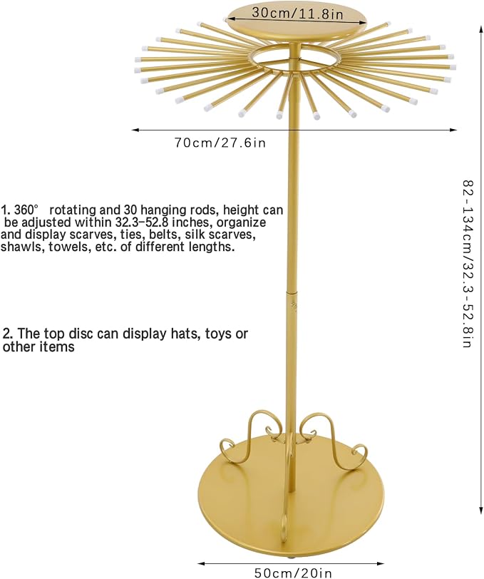 52.8in-Gold Retail Display Tie Scarf Rack, Belt Hanger Tie Rack, 360° Rotation - Image 3