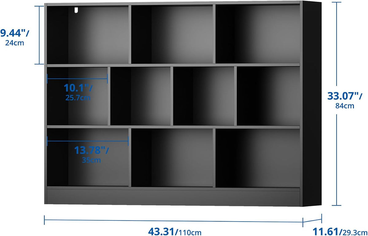 Black Bookshelf, 3-Tier Open Shelf Bookcase, 10 Cube Storage Organizer