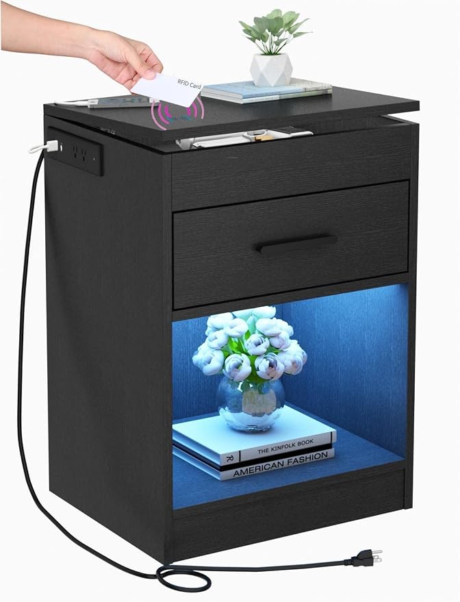 Auromie Nightstand with Charging Station and LED Lights, Concealment Furniture by AuromieDirect
