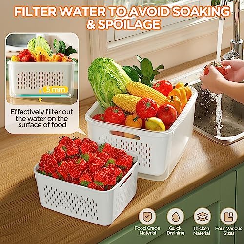 6 PCS Fruit Storage Containers for Fridge with Removable Colanders, 6 Plastic Food Storage Containers with 6 Lids, Leakproof Produce Containers Keep Fruits, Vegetables, Berry, Meat Fresh Longer