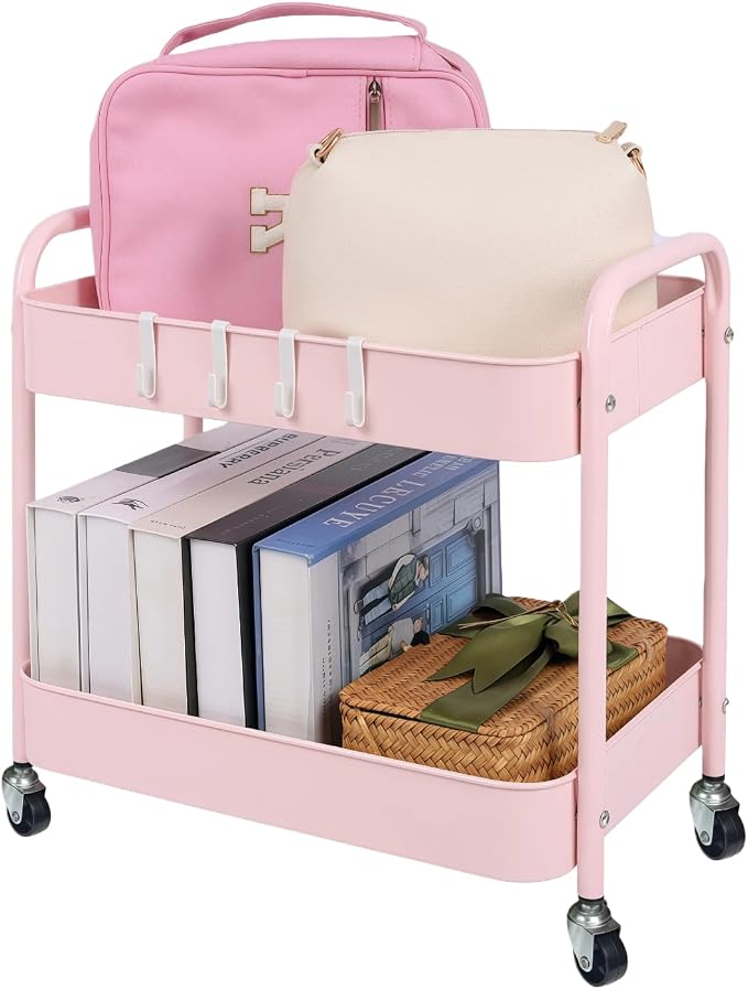 2 Tier Rolling Cart Metal with Wheels Under Desk Storage Cart - Image 7