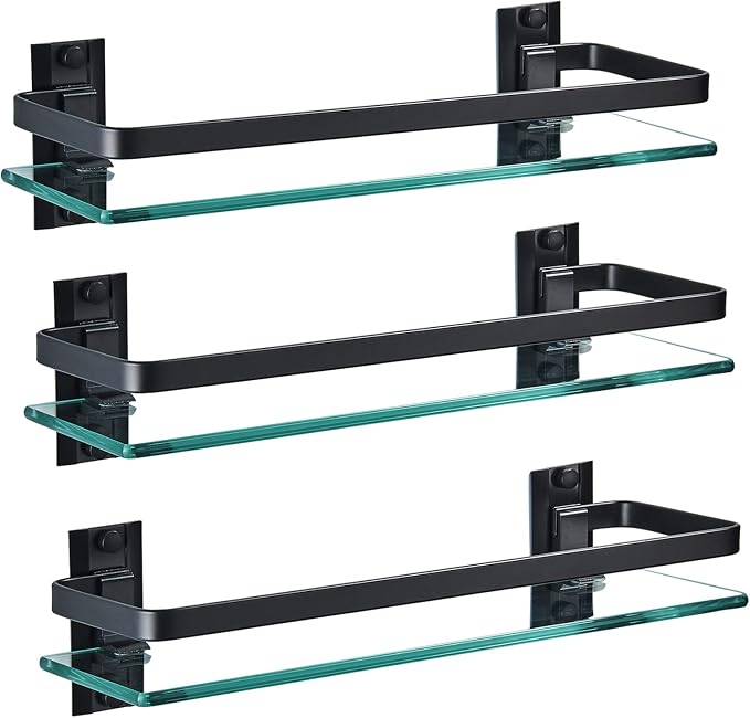 AIJALY 3 Pack Bathroom Glass Shelf, Aluminum Tempered Glass 0.34in Extra Thick by AIJALY