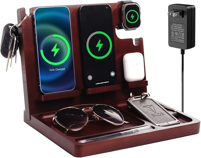Wood Phone Docking Station, 27W Fast Charging 2 Phone Wireless Charging Station by Xunhomon