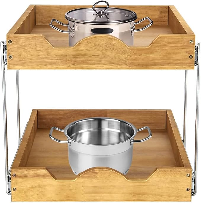 DINDON 2 Tier Pull Out Cabinet Organizer Wood And Metal Double Tier Slide Out - Image 8