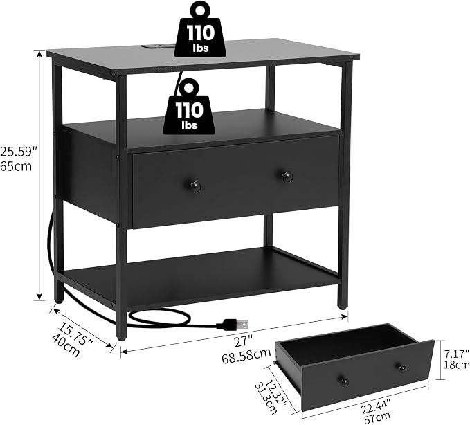 27 Inch Wide Night Stand with Charging Station, Wood Nightstand with Open Shelf - Image 3