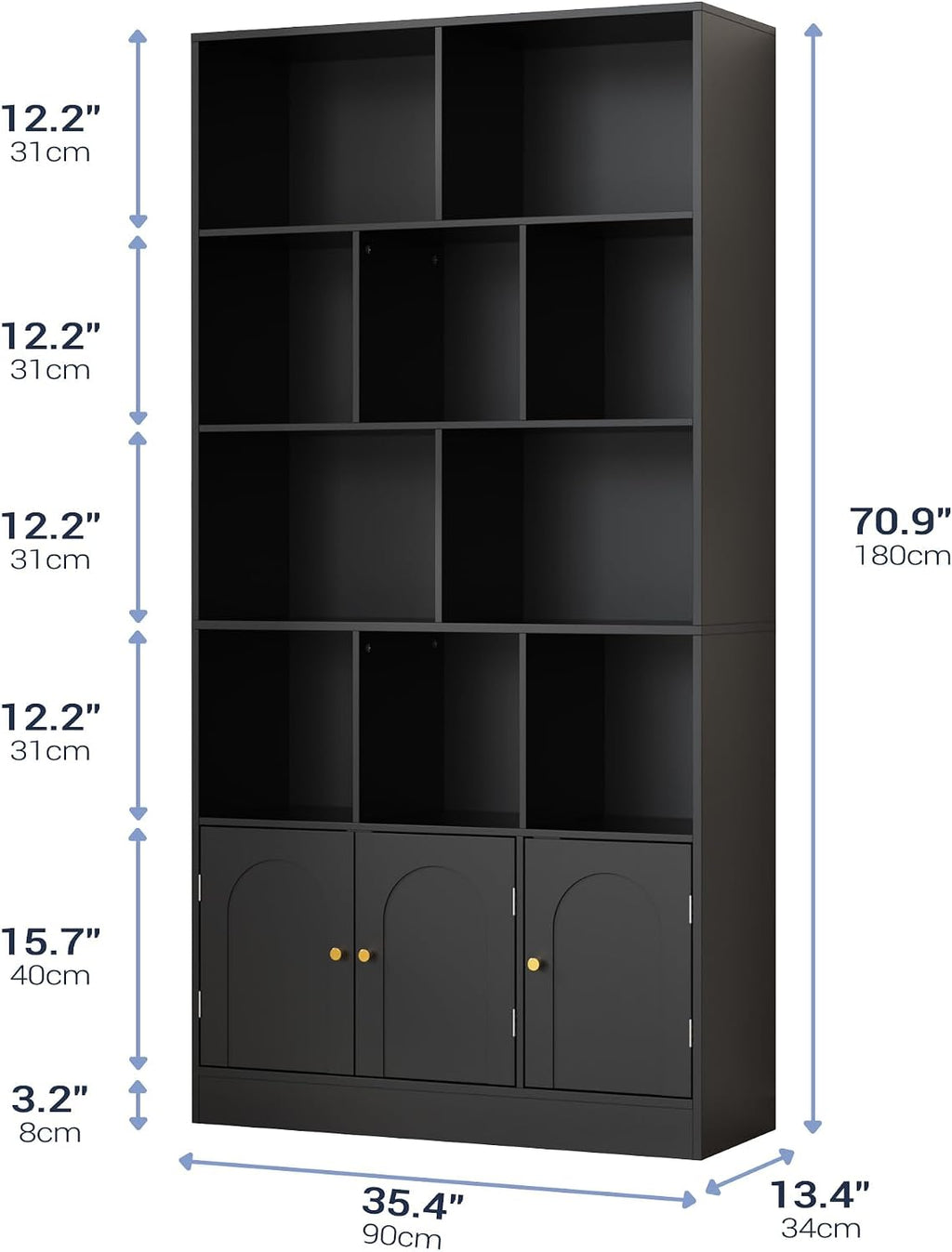 71" Tall Bookshelf with 10 Cubes and 3 Doors, 4-Tier Bookshelf, Open