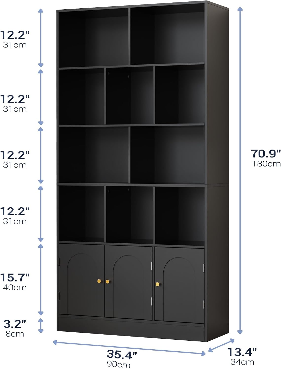 71" Tall Bookshelf with 10 Cubes and 3 Doors, 4-Tier Bookshelf, Open
