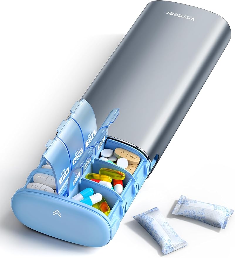 Vaydeer 7 Day Weekly Pill Organizer 2 Times a Day, Metal Am Pm Travel Pill Case by Vaydeer