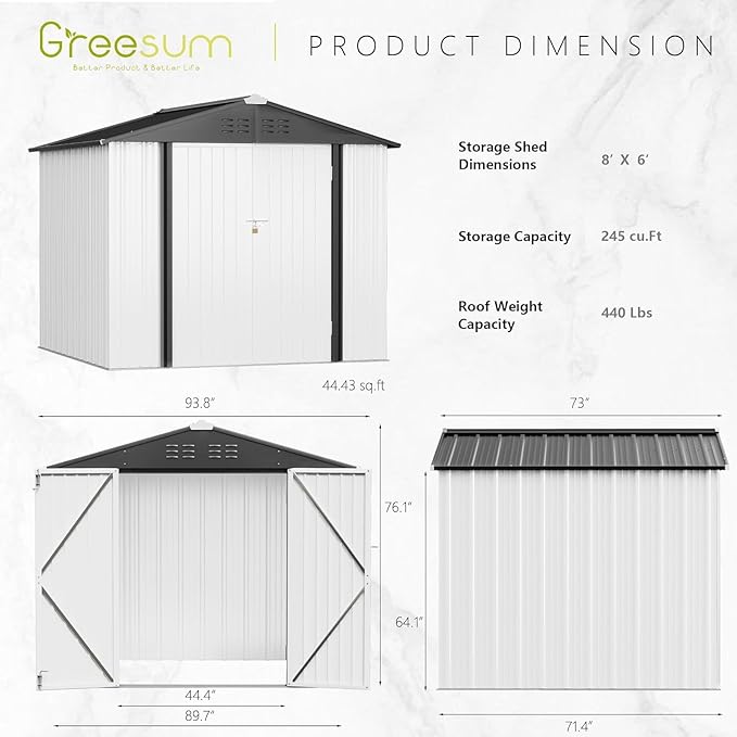 Greesum 8x6FT Outdoor Storage Shed, Utility Tool Shed Metal Storage Garden Shed - Image 4