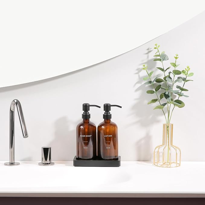 Amber Glass Soap Dispenser Set, Hand Soap and Lotion Set - Image 3