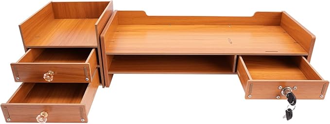 Wood Monitor Stand With Drawers, Desk Organizer With Lockable Drawer & Phone by Unknown