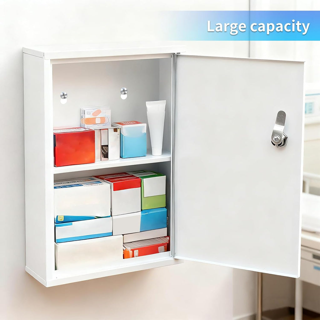 Wall Mount Locking Medicine Cabinet, Compact Steel First Aid Organizer