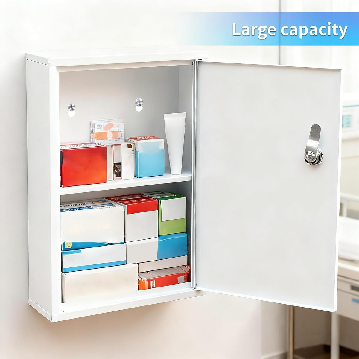 Wall Mount Locking Medicine Cabinet, Compact Steel First Aid Organizer