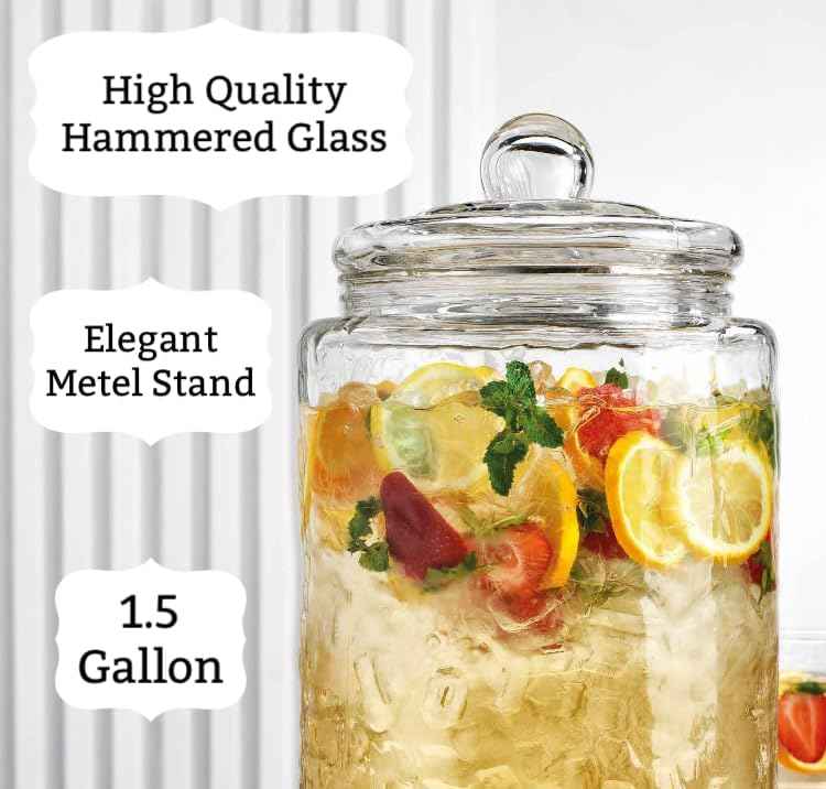 3 Gallon Classic Hammered Glass Ice Cold Beverage Drink Dispenser - With Glass Lid 100% Leak Proof Spigot- Wide Mouth Easy Filling For Outdoor, Parties & Daily Use