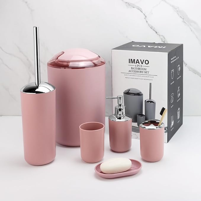 7 Piece Pink Bathroom Set, Soap Dispenser, Toilet Brush, Trash Can & Décor Tray - Image 5