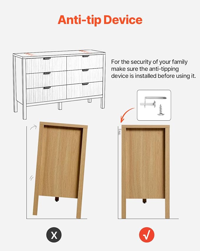 VEVOR Fluted Dresser with 6 Drawer, Modern Closet Dresser TV Stand, Boho Wood - Image 9