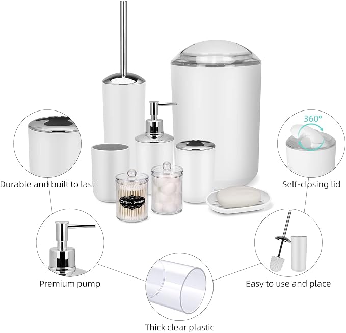 White Bathroom Set, 9 Piece Bathroom Accessories Set, Soap Dispenser, - Image 5