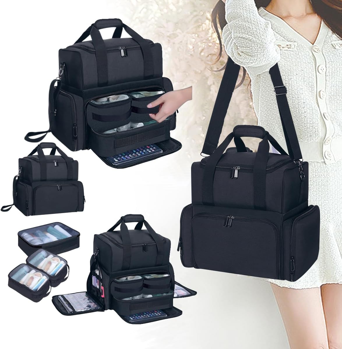 Large Makeup Bag with 3 Removable Case and 2 Removable Dividers,Black