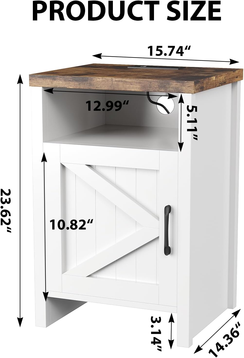 Farmhouse Nightstand with Charging Station, Couch Side Table Set of 2