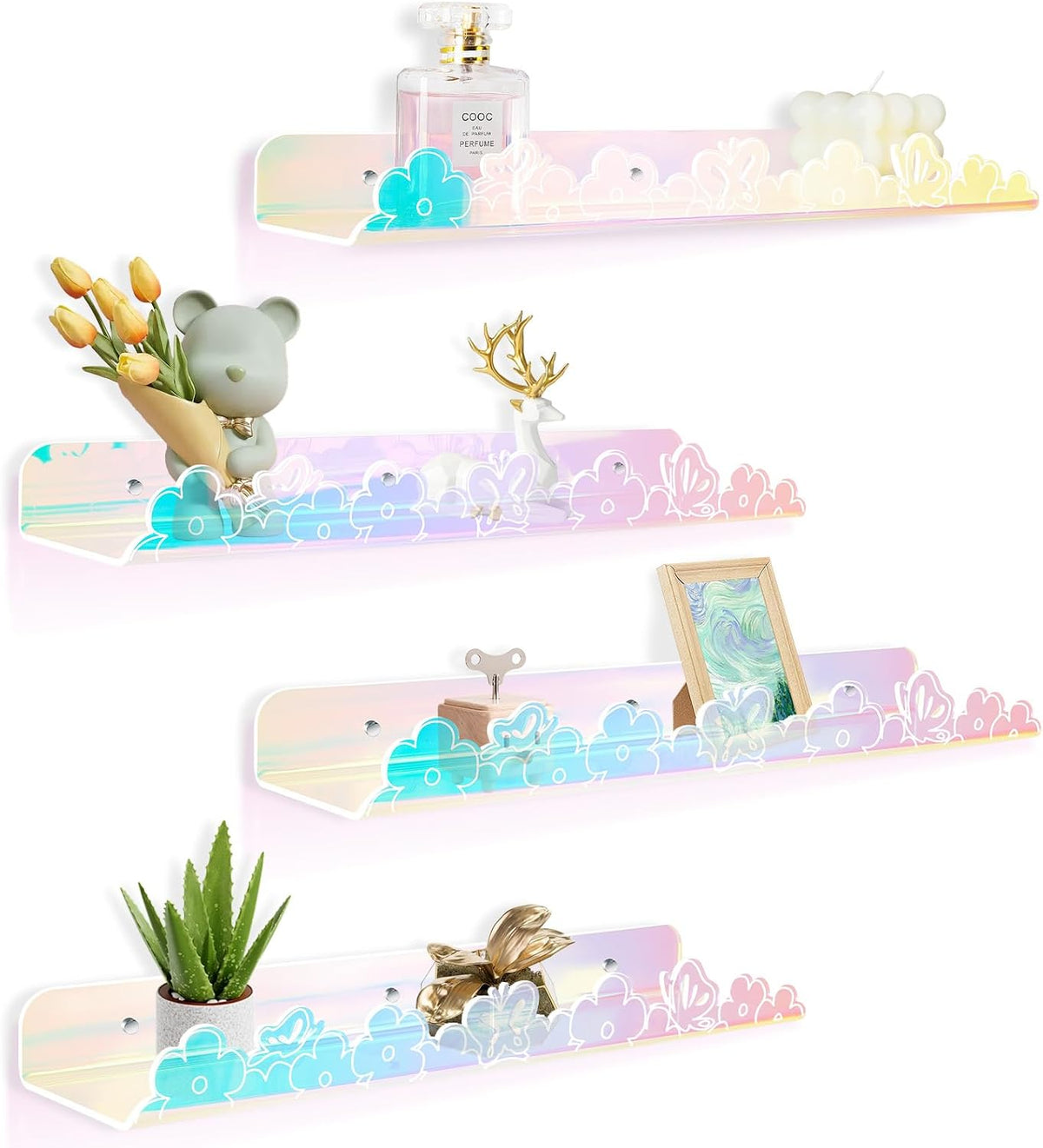 4 Pack Floating Shelves for Wall 15.7" Adhesive Iridescent Acrylic