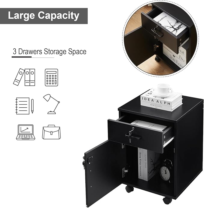File Cabinet with Lock and Drawer, Mobile Under Desk Storage Cabinet with 360° - Image 4