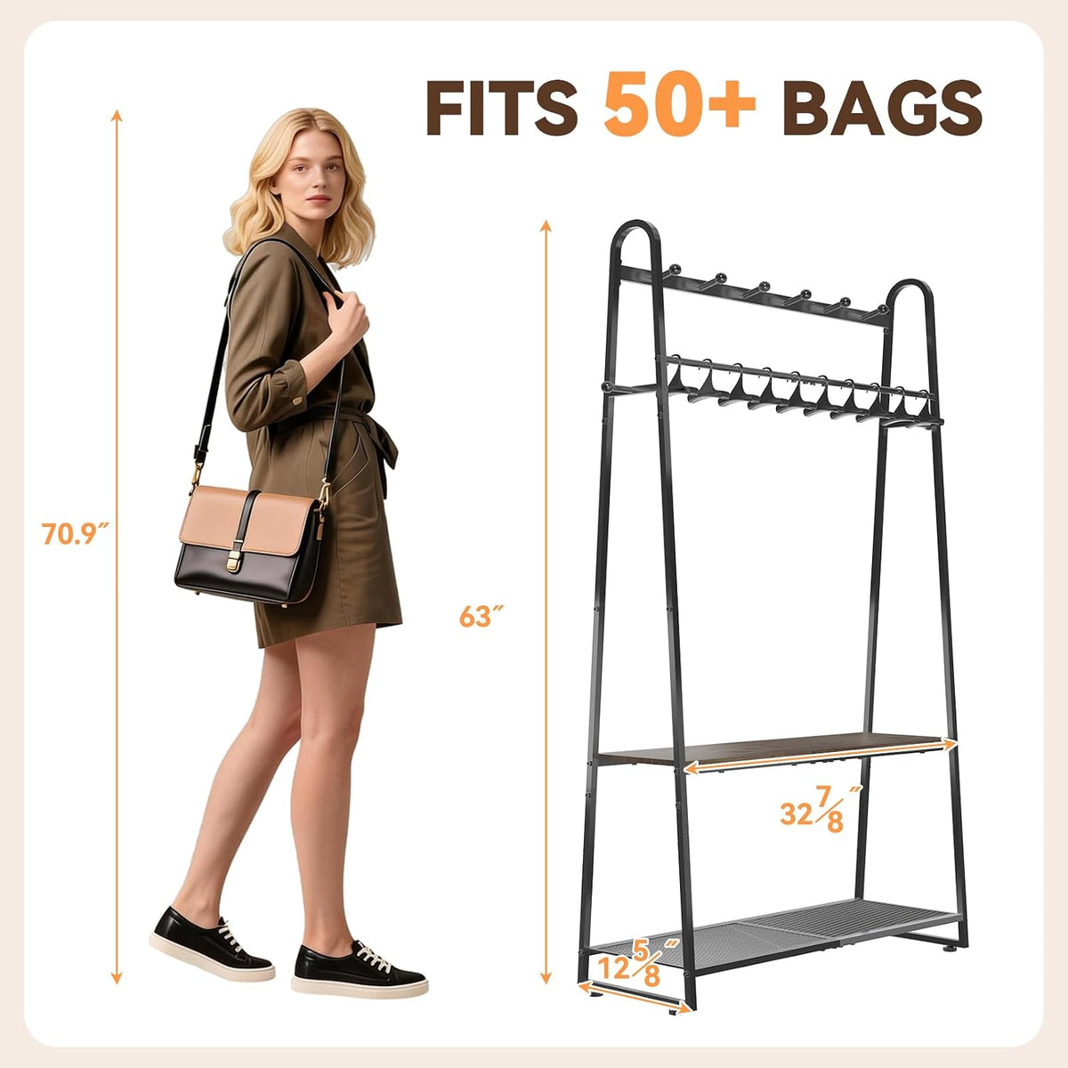 Purse Organizer for Closet, Purse Rack - Tall Purse Shelf with 8 Hooks