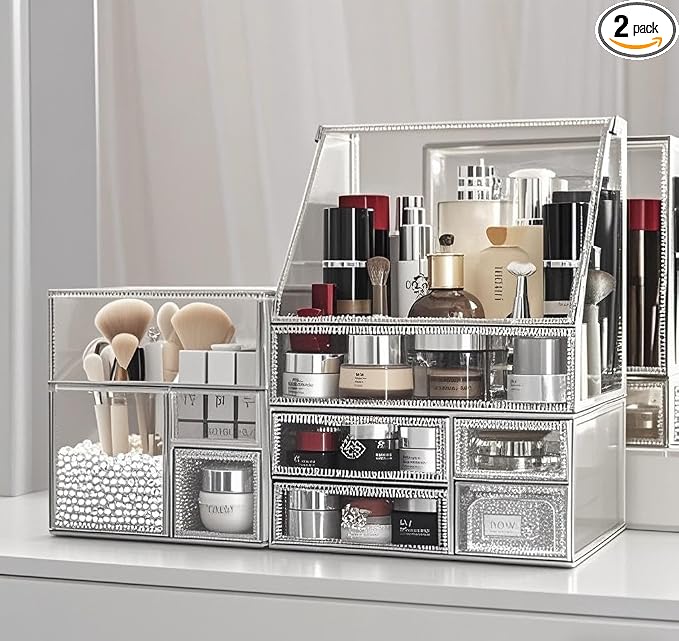Hersoo Glass Makeup Organizer for Vanity/Stackable 2Pieces Drawer Set/Antique by UniqueHandmadeGlassBeautyDisplayfromHersoo