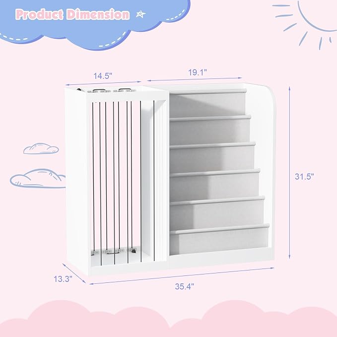 White Kids Bookshelf & Stuffed Animal Net Holder Plush Toy Storage Organizer - Image 2