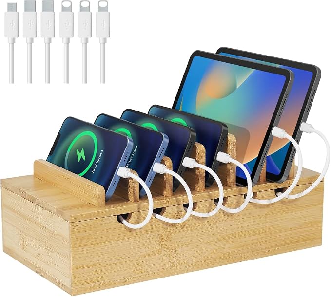 Bamboo Charging Station for Multiple Devices, Desk Docking Stations Organizer by LEOKKARR