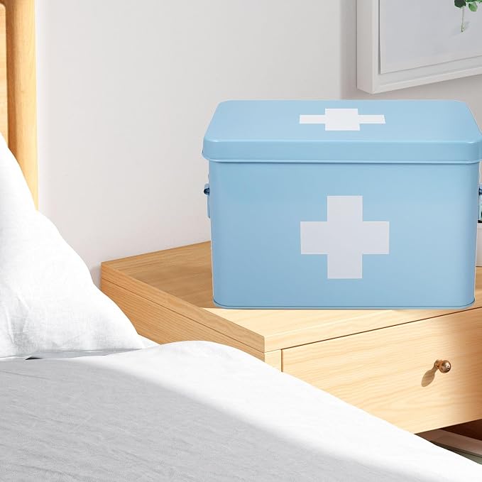 Flexzion First Aid Box Organizer Empty 13" Blue Vintage First Aid Kit Tin Metal - Image 6