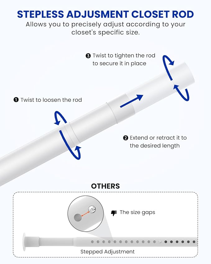 Closet Rods for Hanging Clothes, 17 to 129 Inches Stepless Adjustable Metal - Image 2