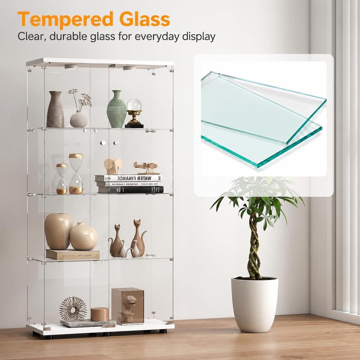 Zevemomo 4-Tier Glass Display Cabinet with Lights, Double Door, White