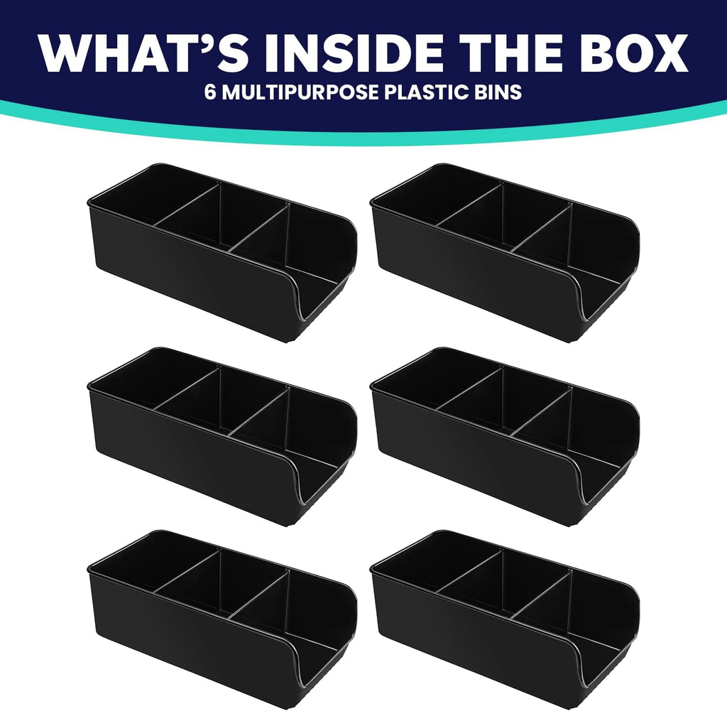 Black Storage Bins for Pantry - 3 Compartment Kitchen Cabinet and