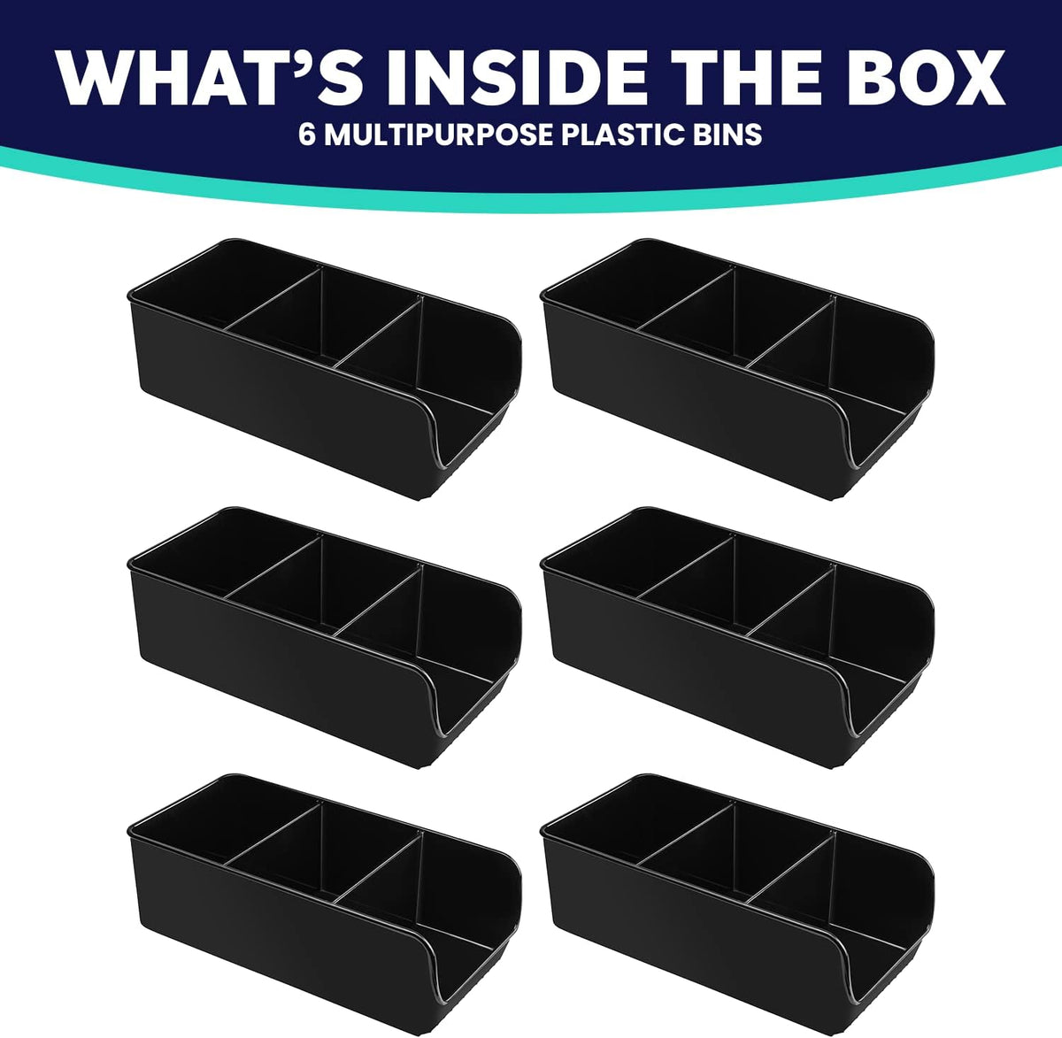 Black Storage Bins for Pantry - 3 Compartment Kitchen Cabinet and