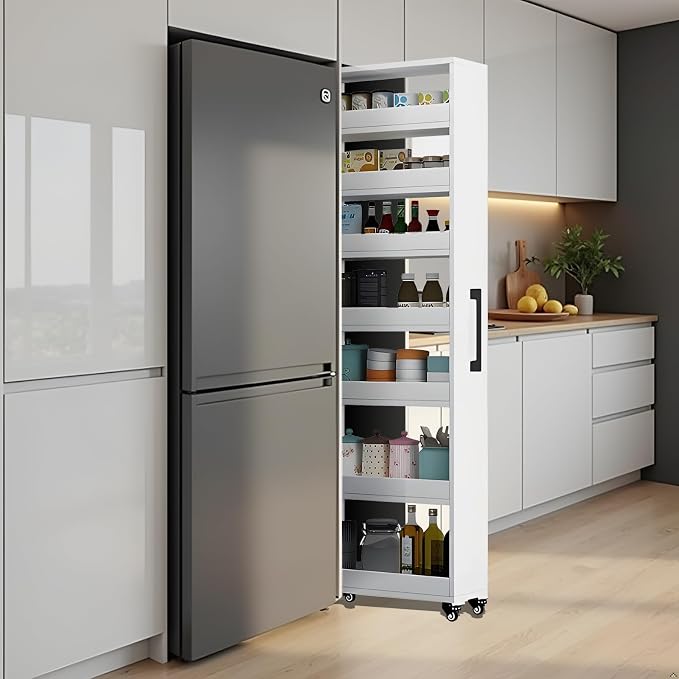 7-Tier Slim Storage Cart, Wooden Rolling Pantry Cabinet - Image 8
