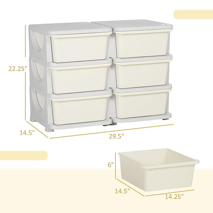 Qaba 3 Tier Kids Storage Unit, 6 Drawer Chest Toy Organizer Plastic Bins - Image 3
