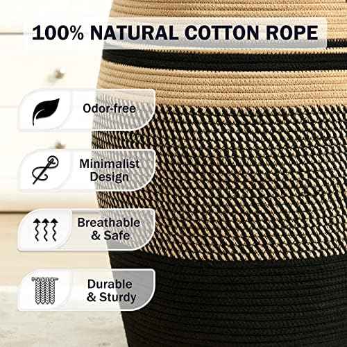 Large Laundry Hamper Basket 65L Woven Blanket Basket, Brown & Black