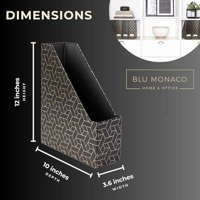 BLU MONACO | Set of 4 Black & Gold Geometric Magazine File Holders - Image 7