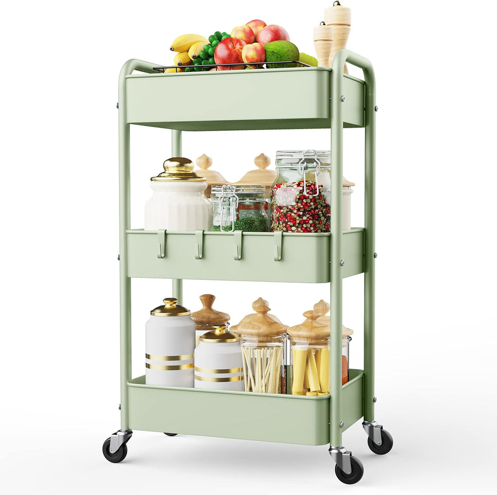 LEHOM 3 Tier Rolling Cart, Metal Rolling Utility Cart with Lockable