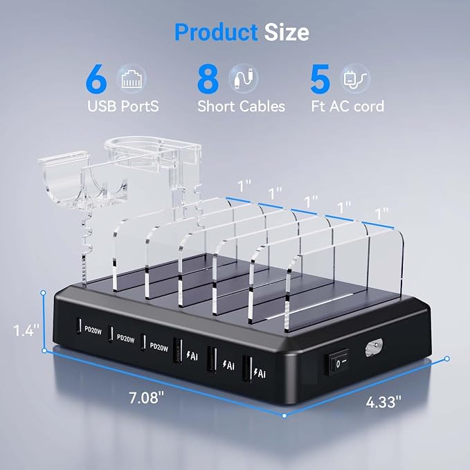 Catlyn Charging Station for Multiple Devices, 6-Port 90W Fast Charger Stations - Image 5