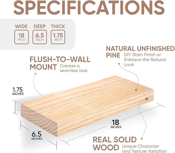 Homeforia 18 inch Wood Floating Shelves, High End Solid Natural Wood 18inch - Image 2